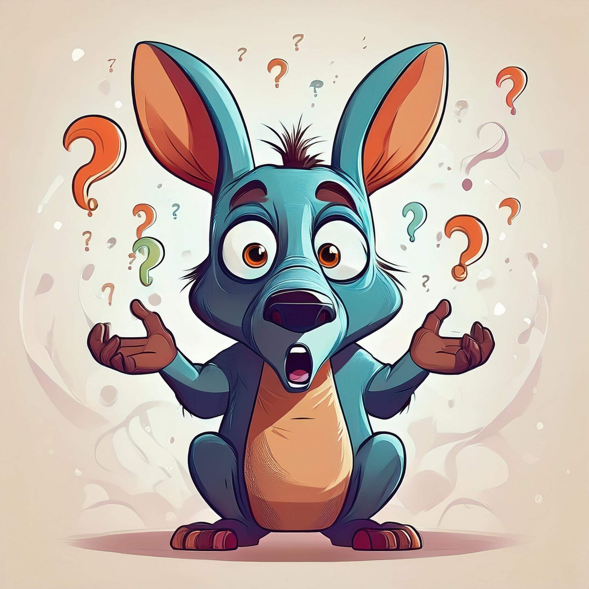 A cartoon headshot of a confused aardvark, looking straight ahead with a cloud of question mark uncertainty around it.