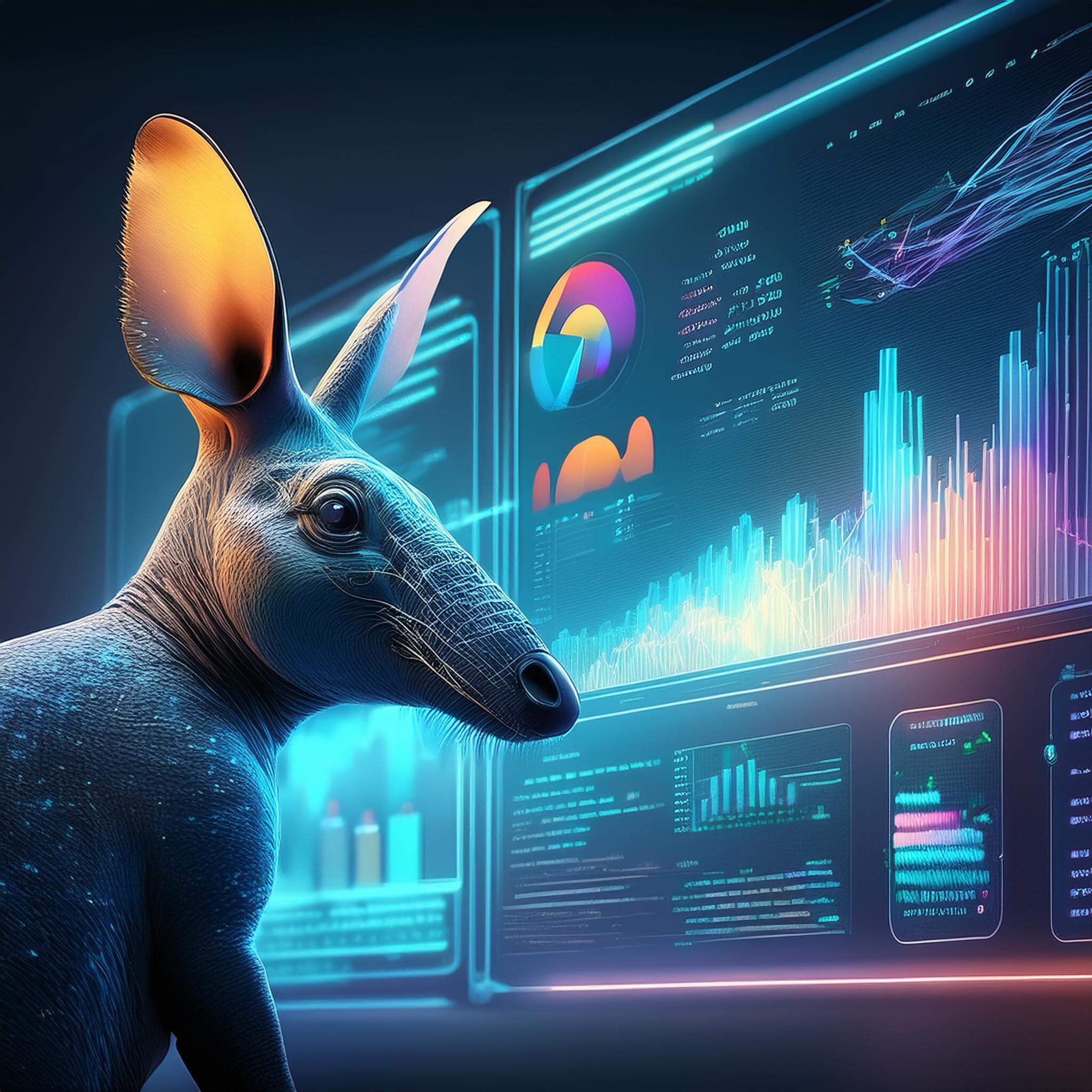 An artificial image of an aardvark looking at a fancy-looking visualization dashboard. The dashboard is very much a sci-fi visualization dashboard. There are some reasonable-looking bar charts, but there are also more abstract lines and shapes that probably aren’t useful in reality but give the vibe of fancy tech. Anyway, the aardvark is facing the dashboard but is actually looking back at the camera. It has an expression like, are you seeing this cool science visualization stuff? Yeah, it’s cool, and I’m cool because I’m standing next to it!