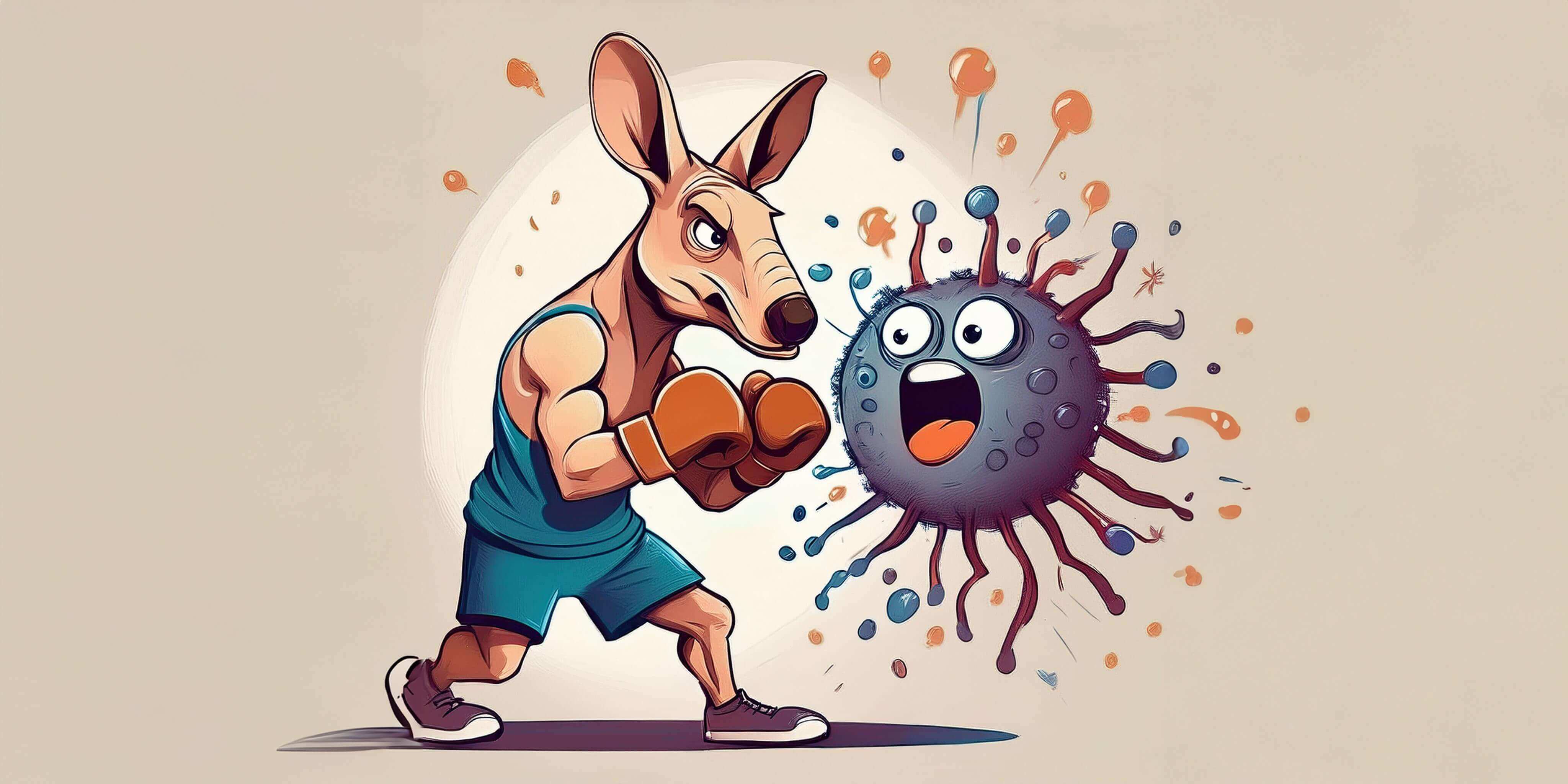 A cartoon anthropomorphized aardvark with boxing gear faces off against a gross cancer cell. The aardvark is determined to defeat the cancer cell. The cancer cell is afraid because it knows it is about to be whomped by the aardvark.