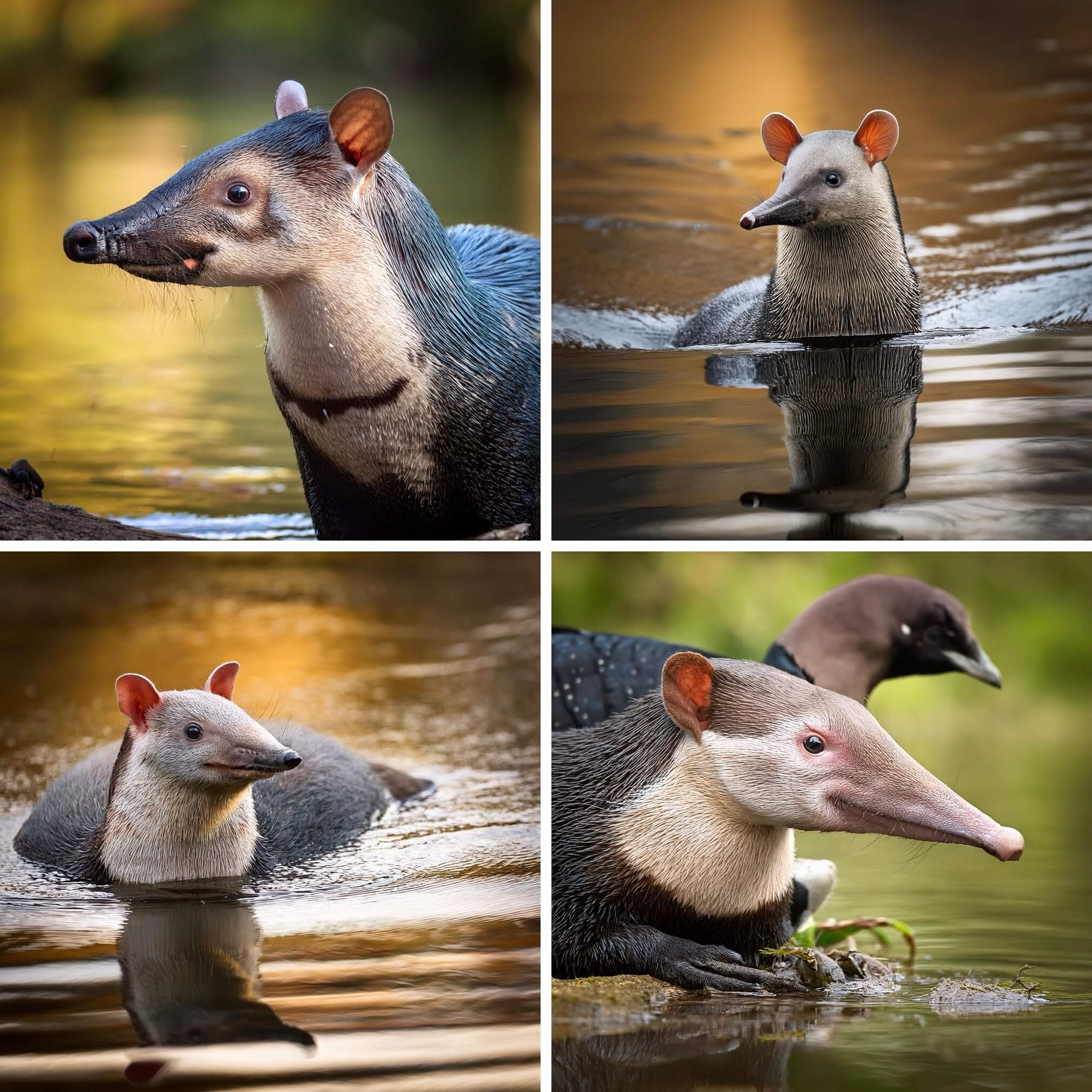 Four artificial images that attempt to fuse a loon, aardvark, and ferret into one animal. It is not very successful. It mostly looks like a beaver or otter swimming in water with a long neck and weird face that sort of looks like an aardvark face.