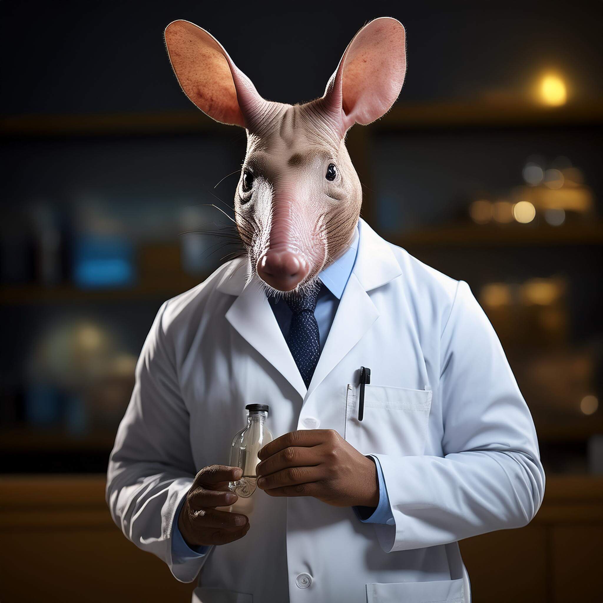 An artificial image of an aardvark wearing a lab coat, doing science. It’s a bit in the weird AI uncanny valley style, the hands are almost correct.