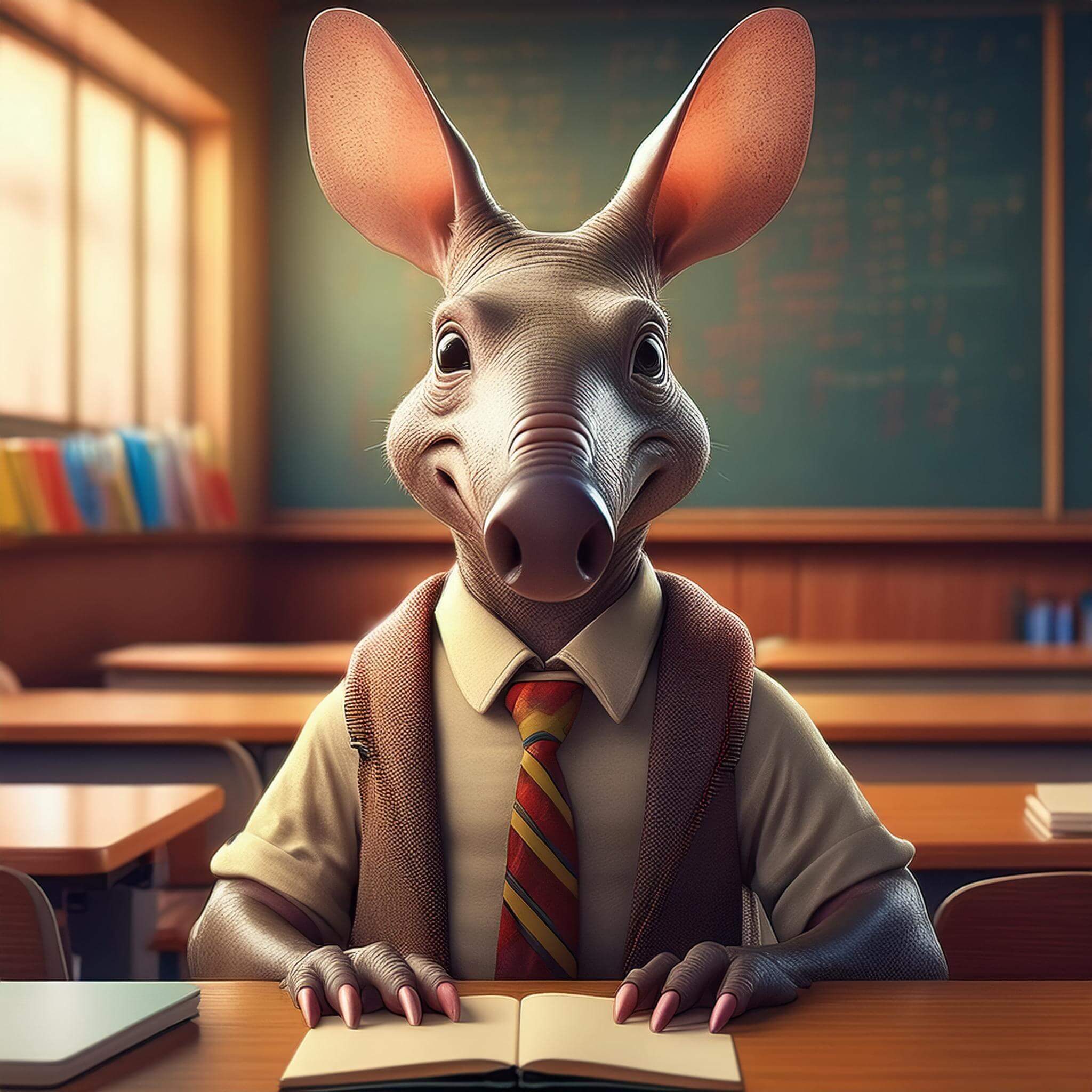 An artificial image of an aardvark dressed as a student in a classroom. The aardvark has an eager expression and has its notebook out; it is ready to learn! I don’t know how many fingers an aardvark has, but this AI image has given this aardvark three fingers on the left hand and four fingers on the right hand; well, not including thumbs, those are out of sight.